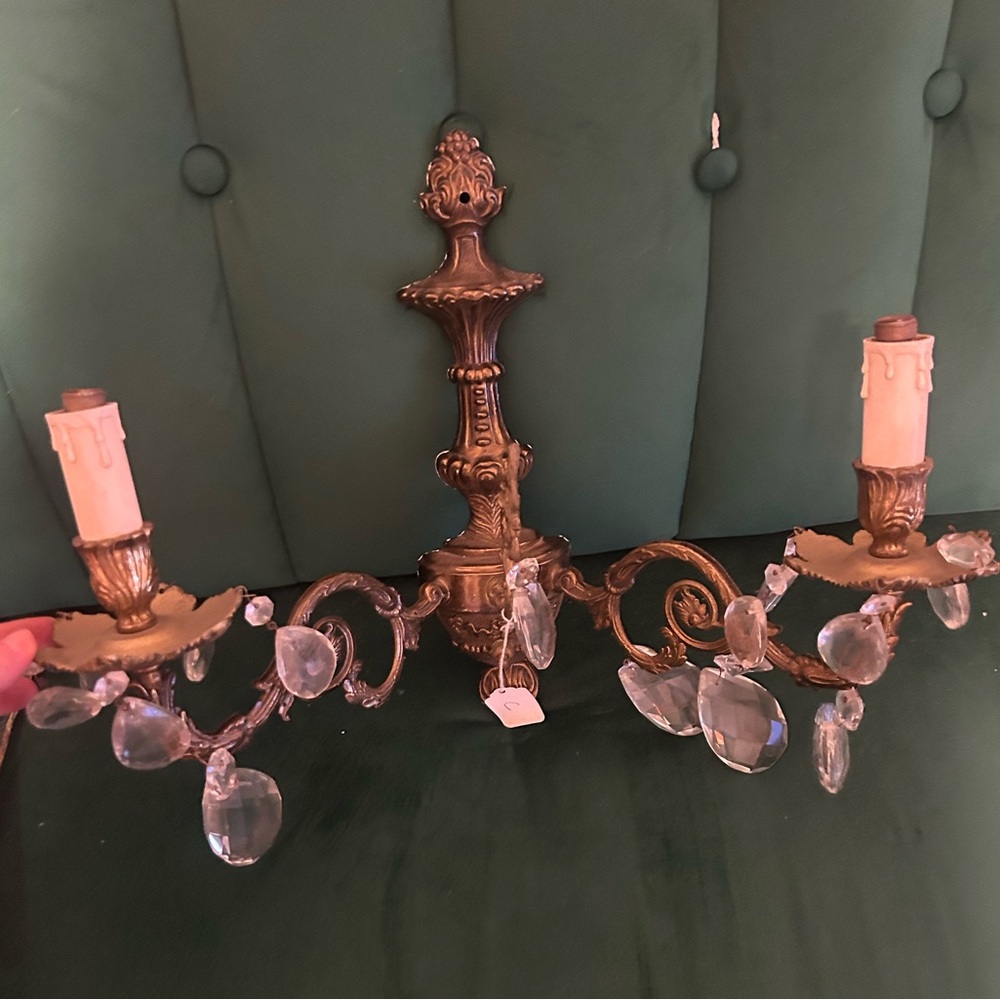 antique French triple candle wall sconces with prisms